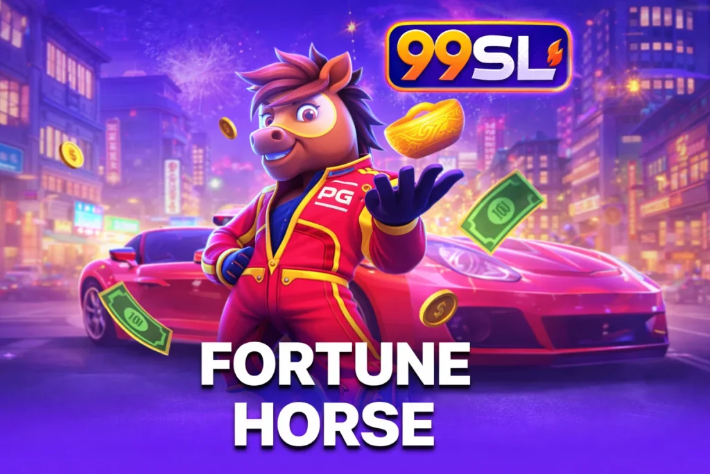 Tampilan permainan JFORTUNE HORSE di 99SL Aplikasi dengan tema kuda emas dan latar merah dinamis