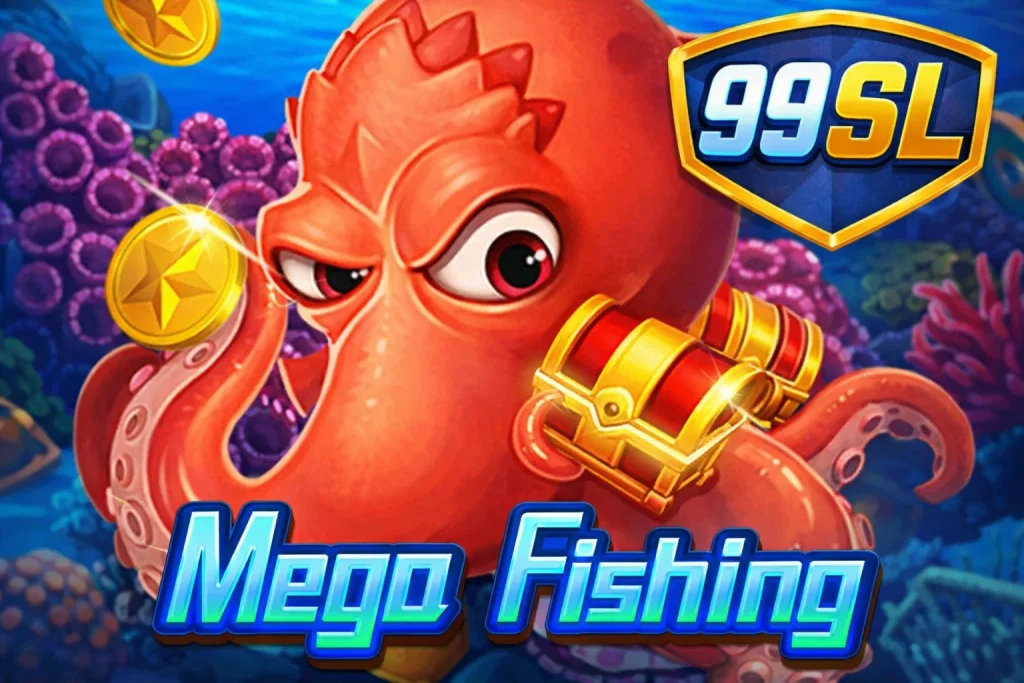 Tampilan permainan Mega Fishing di 99SL dengan latar laut biru dan animasi ikan dinamis