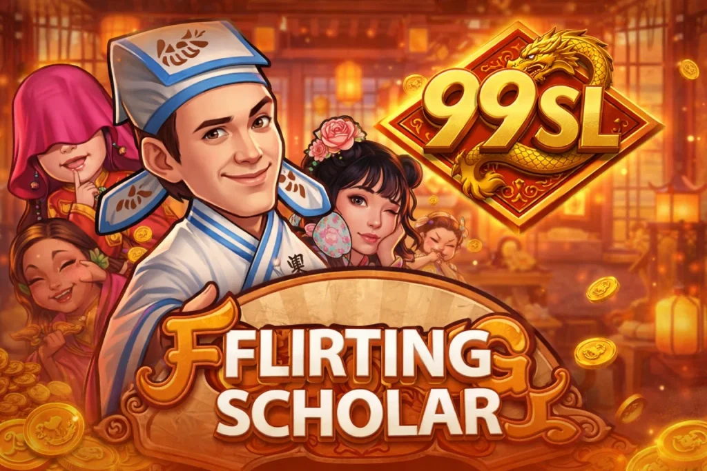 Tampilan utama FLIRTING SCHOLAR di 99SL dengan desain karakter klasik dan latar budaya tradisional