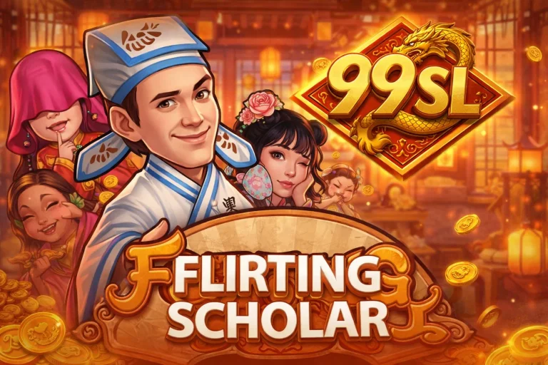 Tampilan utama FLIRTING SCHOLAR di 99SL dengan desain karakter klasik dan latar budaya tradisional